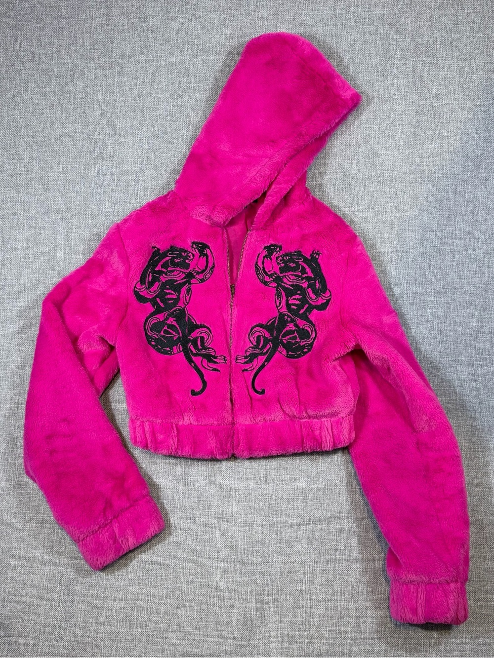 Ed Hardy Hot Pink Faux Fur Cropped Hooded Jacket with Black Panther Motif